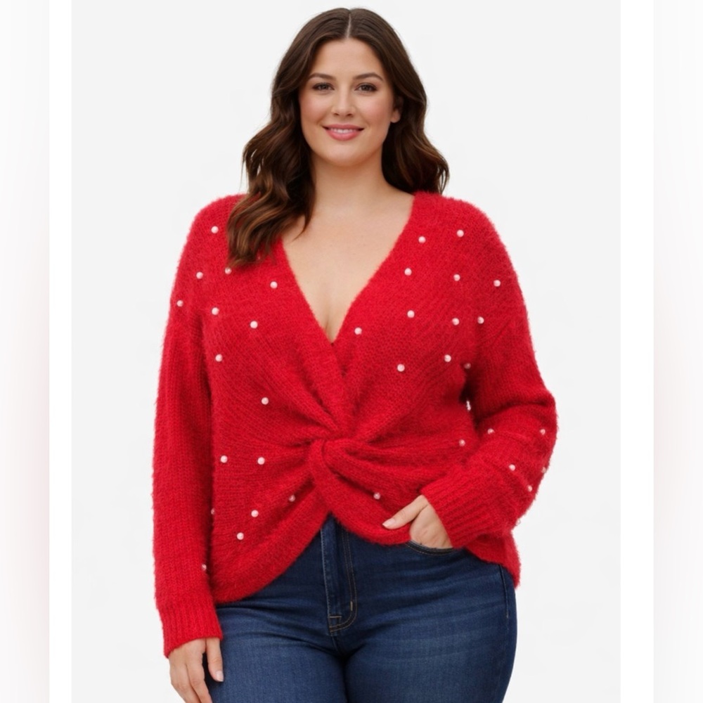 Red Pearl Twist Front Sweater Plus Size V Neck Soft Knit Top